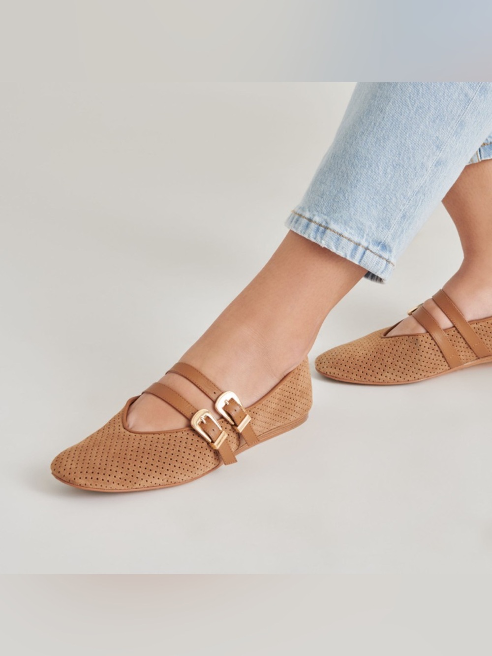 Tan Perforated Mary Jane Flats with Gold Buckles
